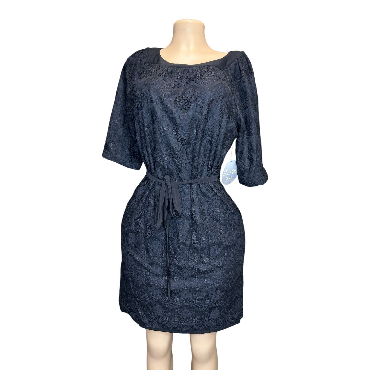 K-135 Emma & Michele Belted Half Sleeve Lace Overlay Dress Black Size Medium