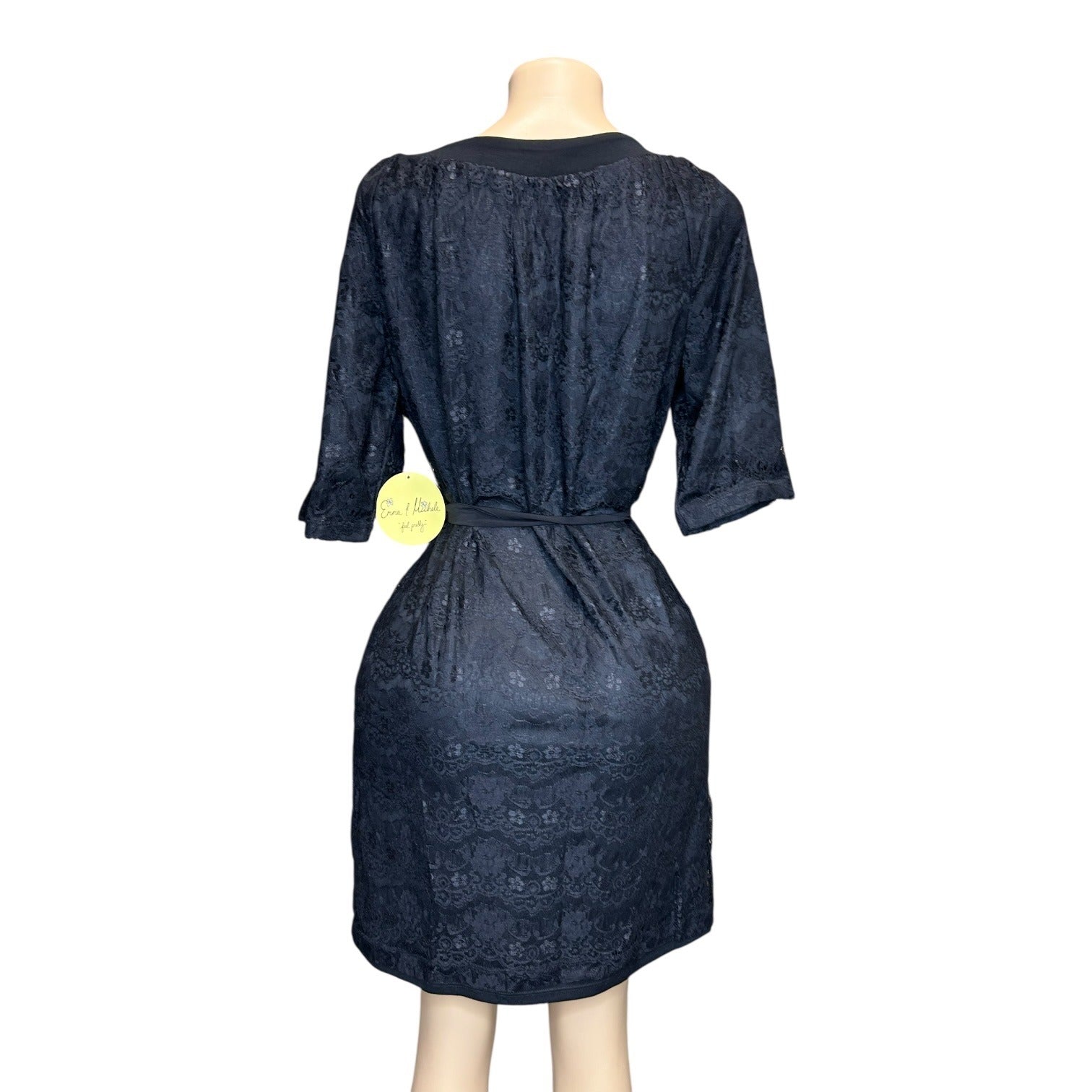 K-135 Emma & Michele Belted Half Sleeve Lace Overlay Dress Black Size Medium