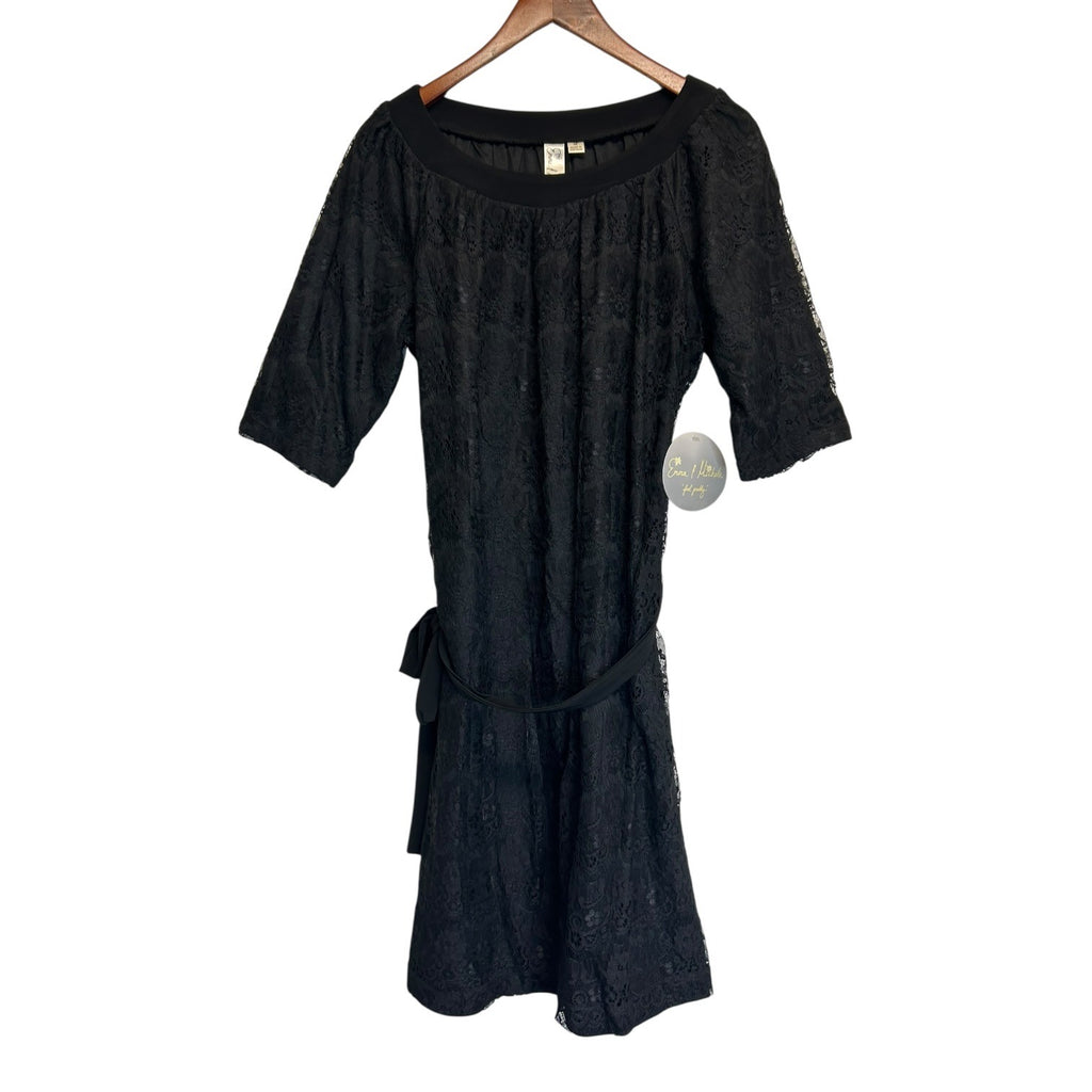 K-135 Emma & Michele Belted Half Sleeve Lace Overlay Dress Black Size Medium