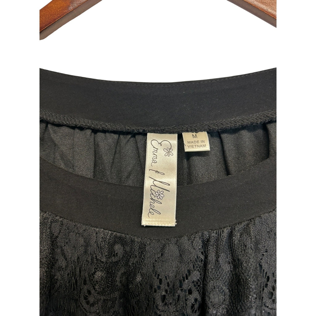 K-135 Emma & Michele Belted Half Sleeve Lace Overlay Dress Black Size Medium