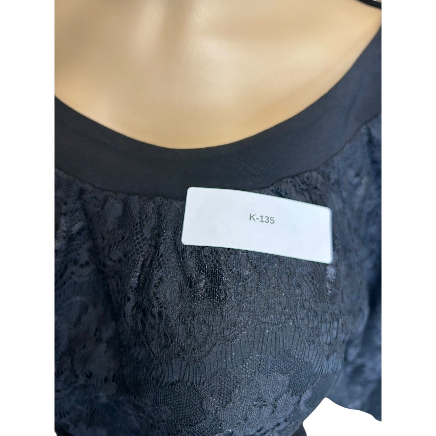 K-135 Emma & Michele Belted Half Sleeve Lace Overlay Dress Black Size Medium