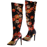 Women's Size 6 Black Floral Clear Peep Toe Over the Knee High Heel Boots Lycra