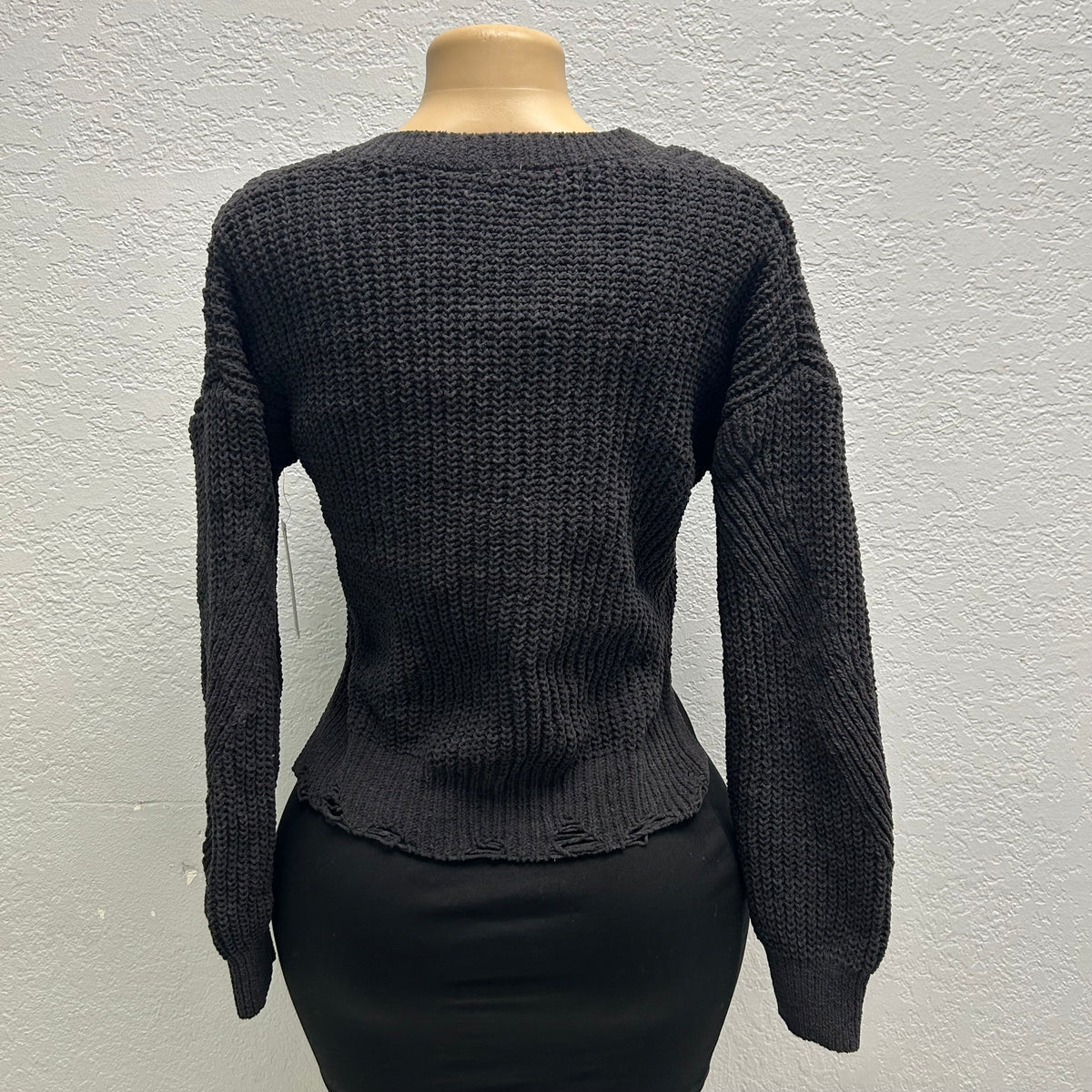 No Boundaries Small Destructed V-Neck Sweater, Black Soot