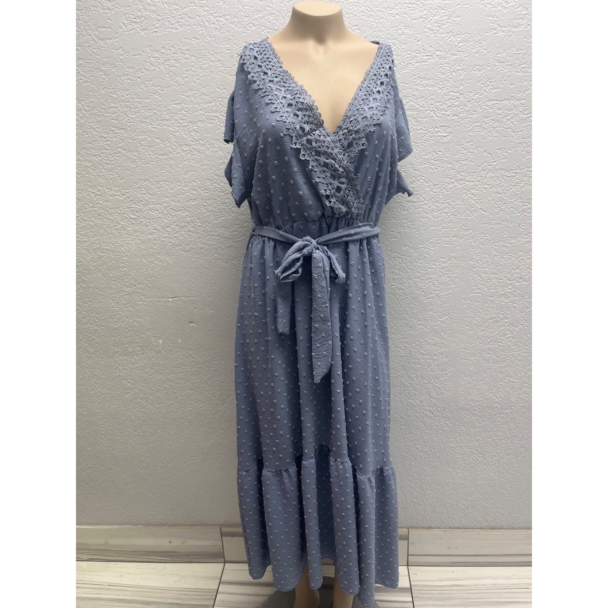 #1084 Blue Maxi Dress Size XL with Lace Trim & Belted Waist