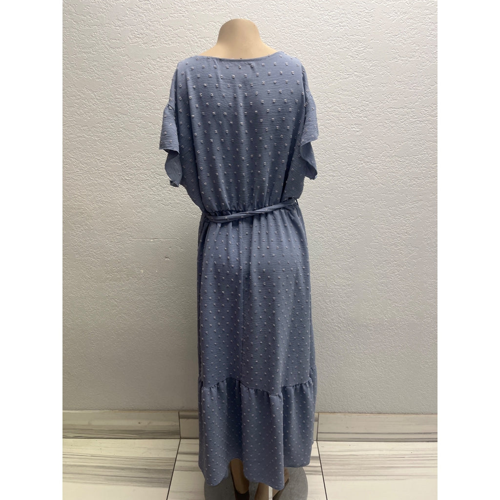 #1084 Blue Maxi Dress Size XL with Lace Trim & Belted Waist