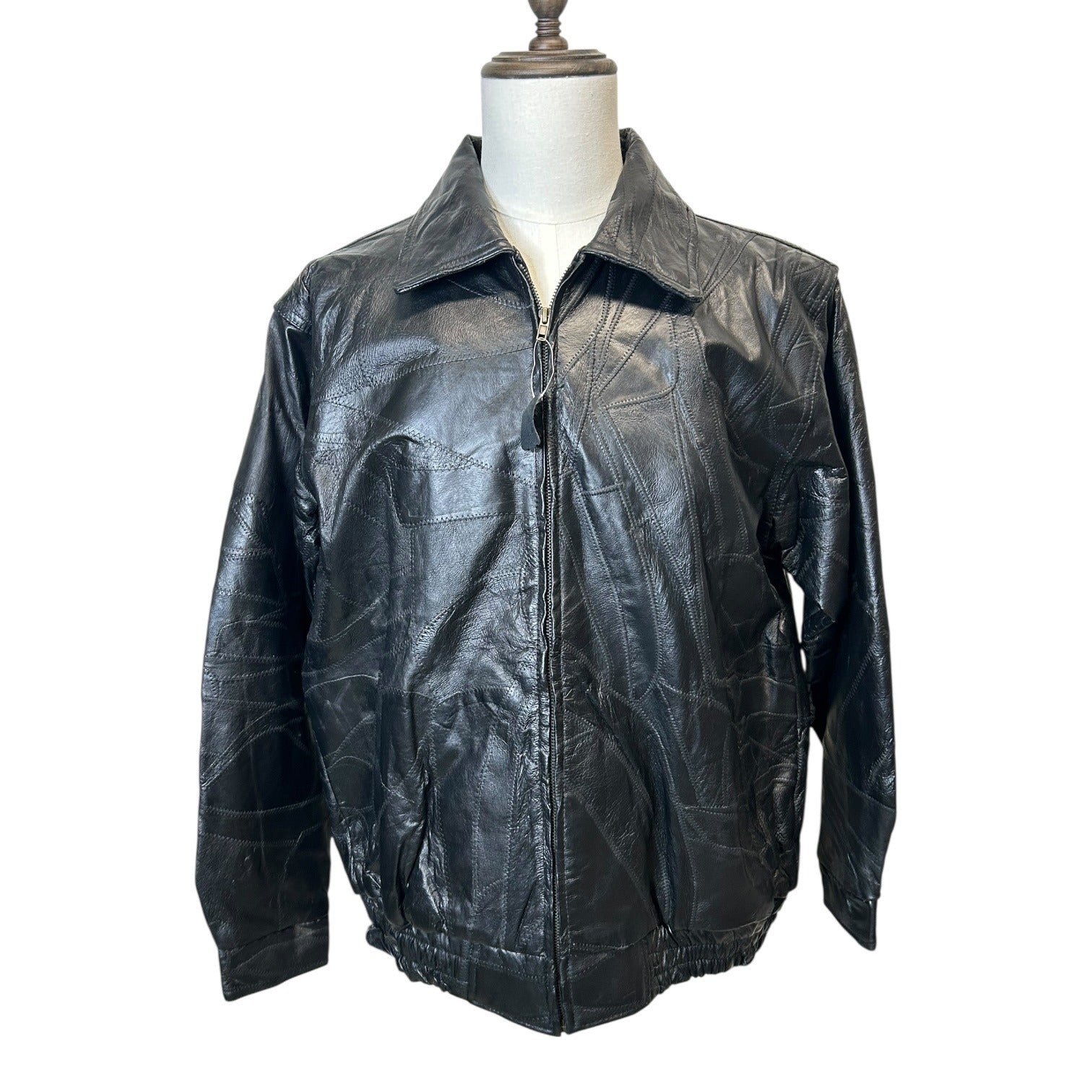 TG-16 Vintage LeWorld Black Genuine Leather Bomber Jacket Zip Up Coat Size Large