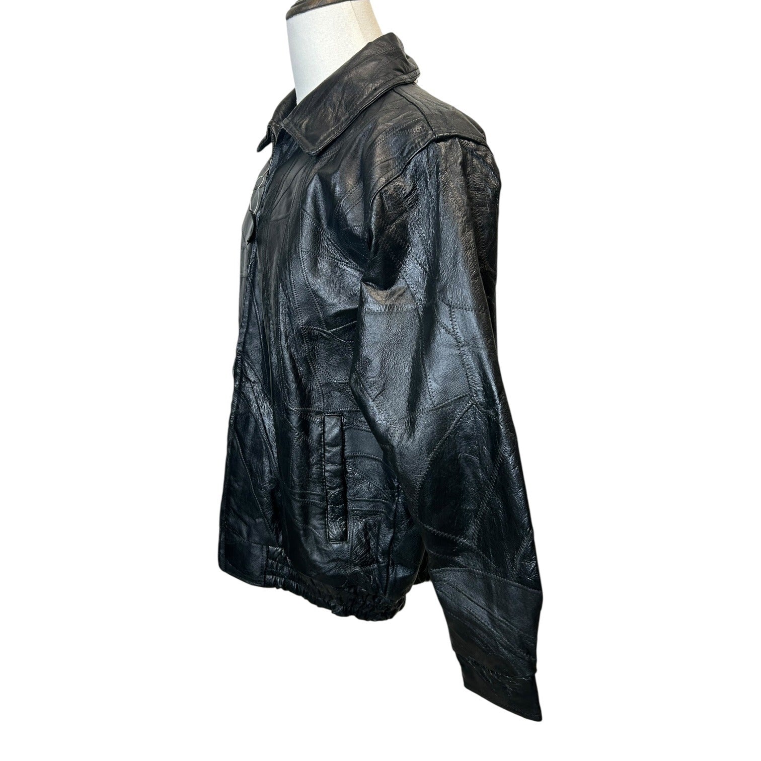 TG-16 Vintage LeWorld Black Genuine Leather Bomber Jacket Zip Up Coat Size Large