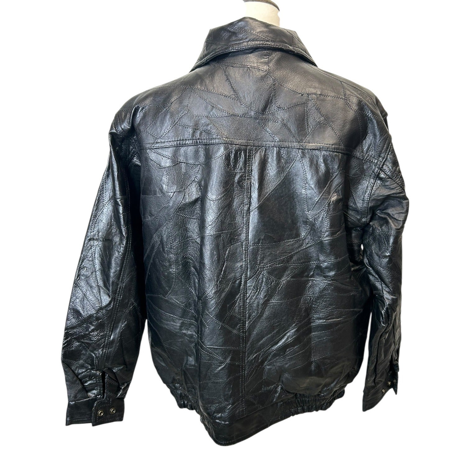 TG-16 Vintage LeWorld Black Genuine Leather Bomber Jacket Zip Up Coat Size Large