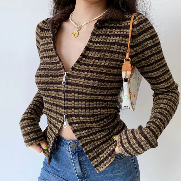 UNIF Womens XS Striped Sweater With Fuzzy Collar Brown & Beige Wool Blend