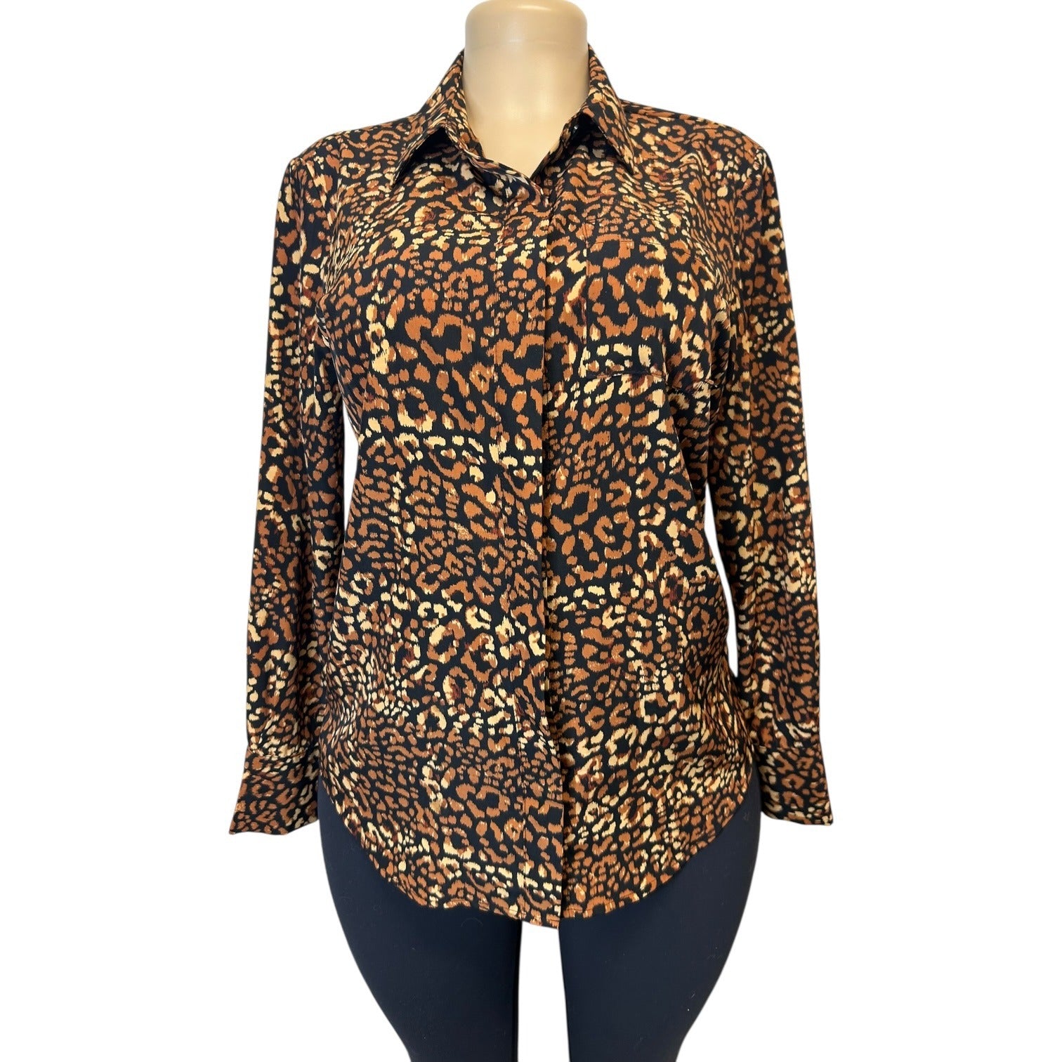 TG-41 Nine West Womens Petite Cheetah Print Long-Sleeve Blouse w/ Button-Up Collar