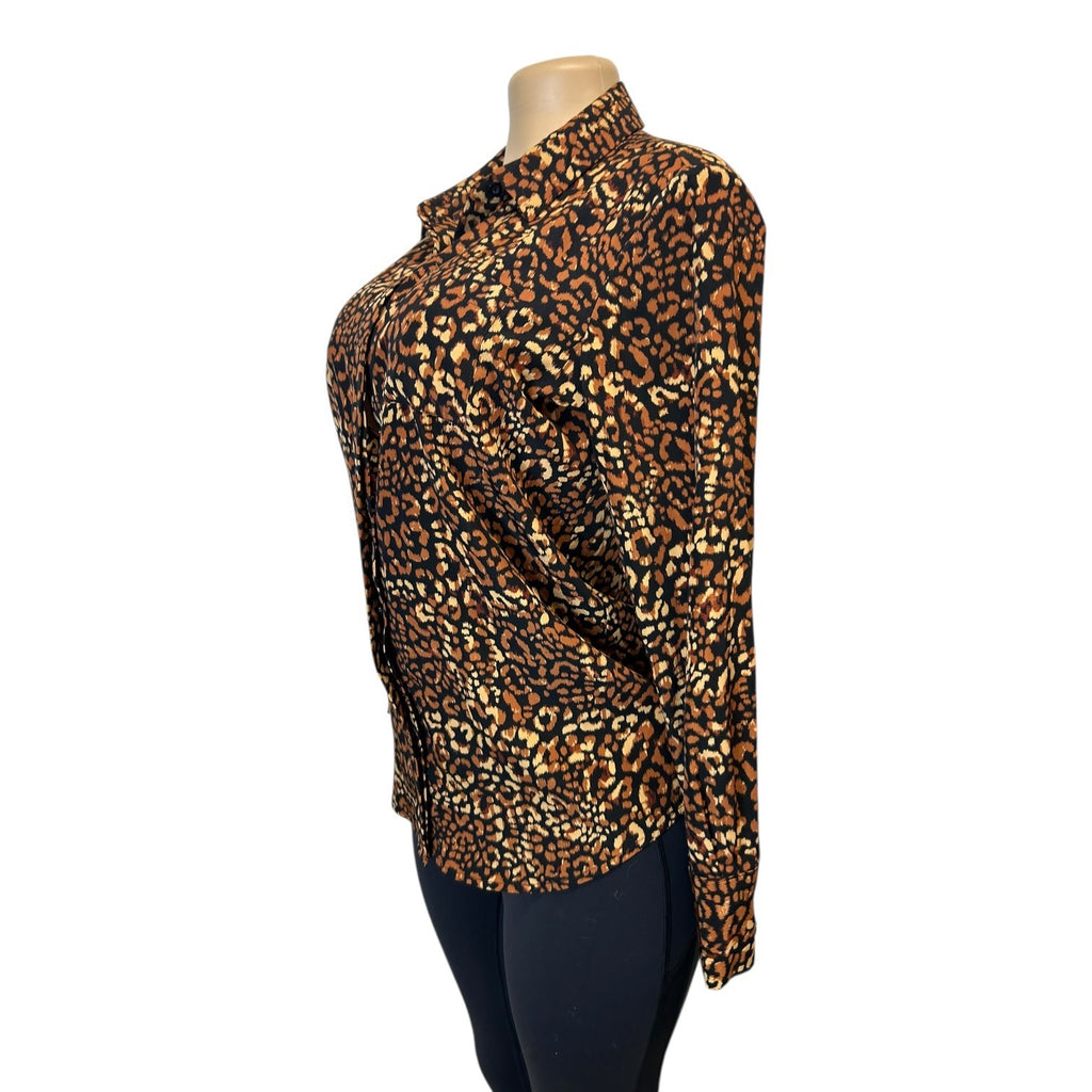 TG-41 Nine West Womens Petite Cheetah Print Long-Sleeve Blouse w/ Button-Up Collar