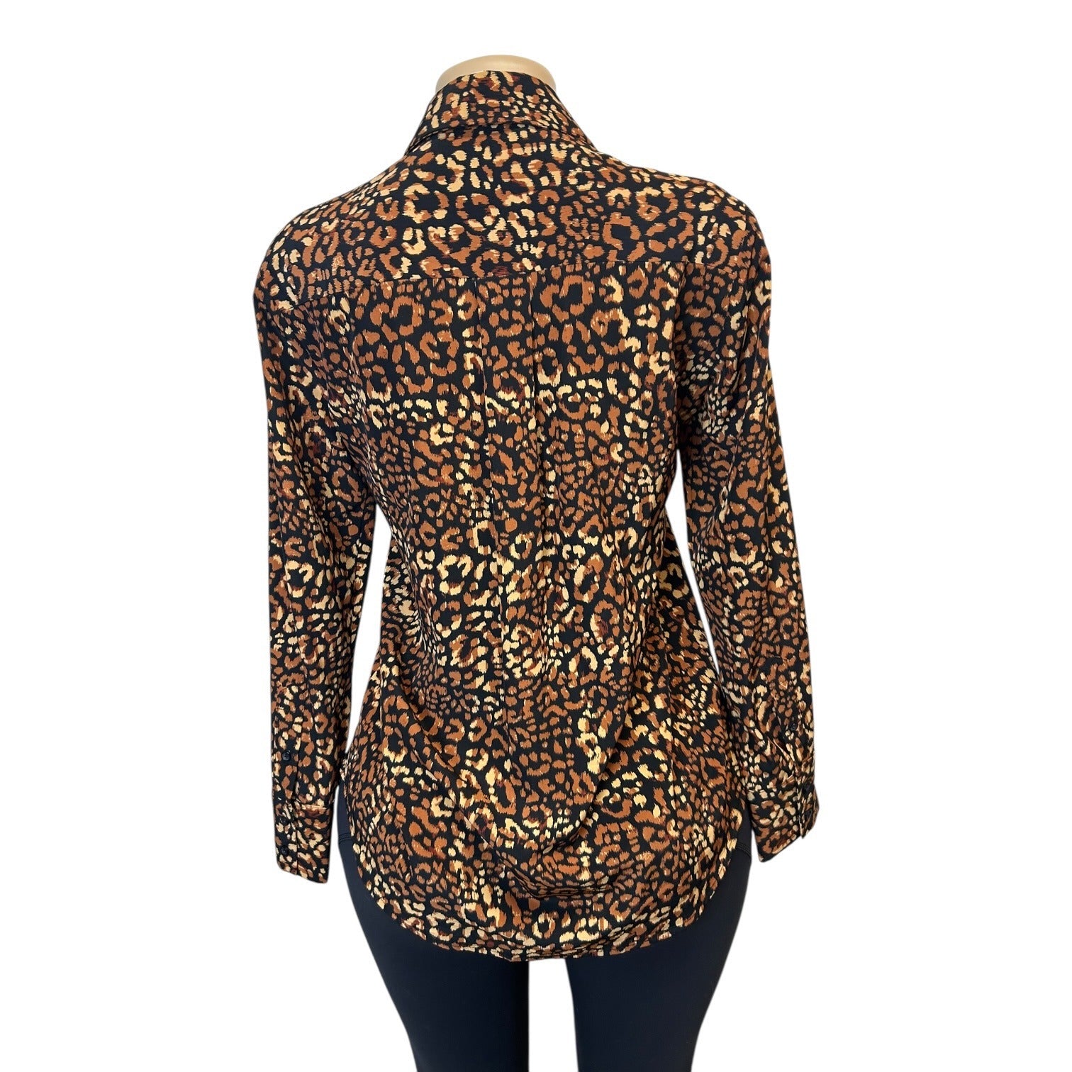 TG-41 Nine West Womens Petite Cheetah Print Long-Sleeve Blouse w/ Button-Up Collar