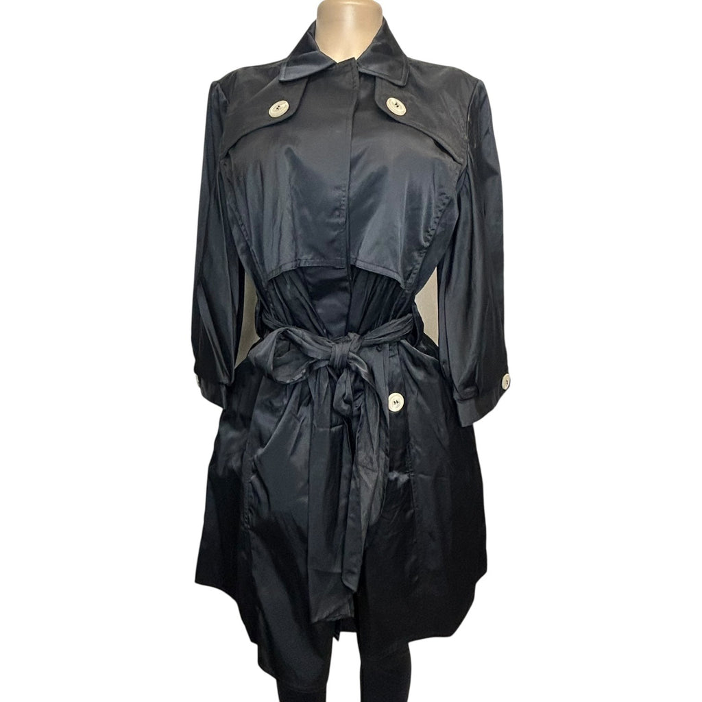 DG-86 BCBG Max Azria Women's Size 6 Black Trench Coat With Belted Waist & 3/4 Sleeves