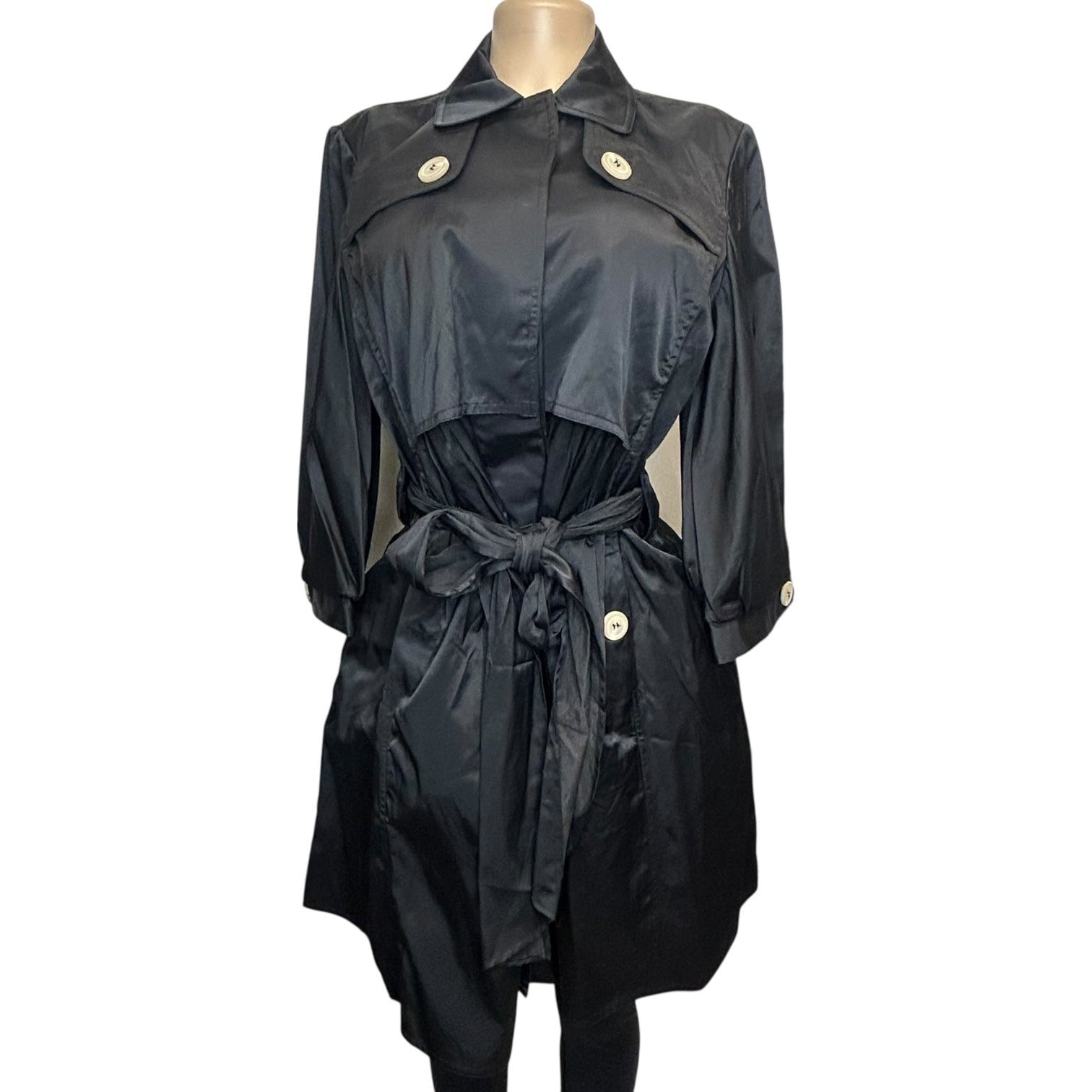 DG-86 BCBG Max Azria Women's Size 6 Black Trench Coat With Belted Waist & 3/4 Sleeves