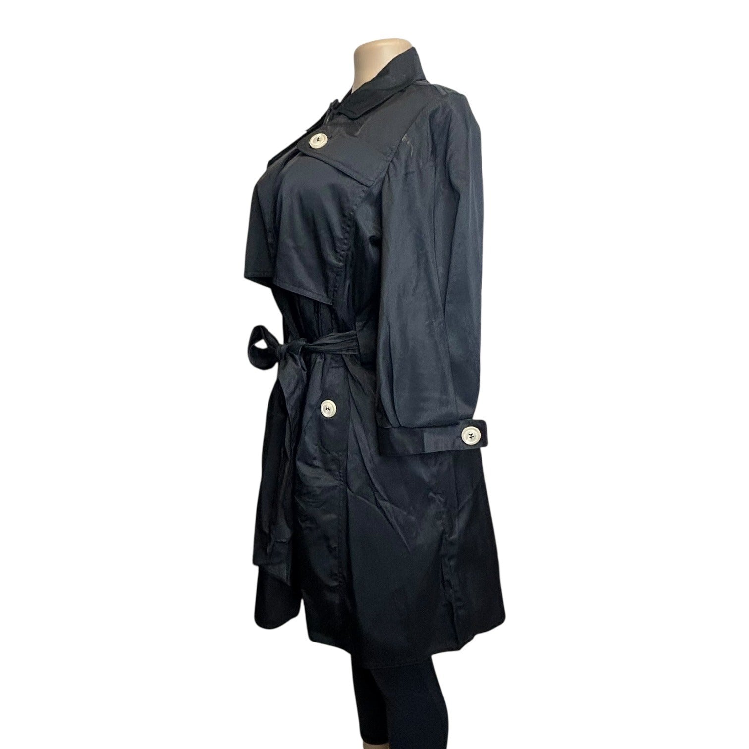 DG-86 BCBG Max Azria Women's Size 6 Black Trench Coat With Belted Waist & 3/4 Sleeves