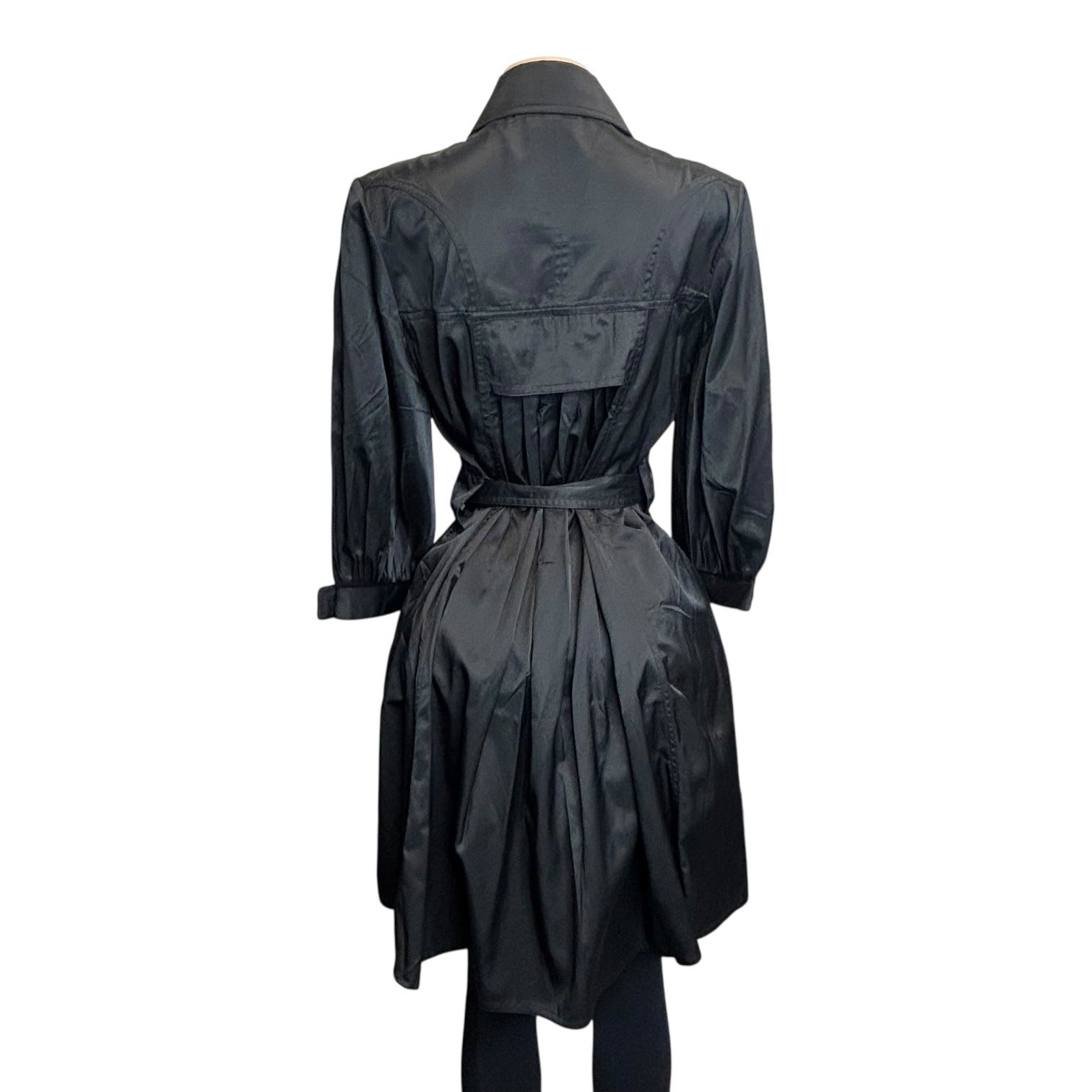 DG-86 BCBG Max Azria Women's Size 6 Black Trench Coat With Belted Waist & 3/4 Sleeves