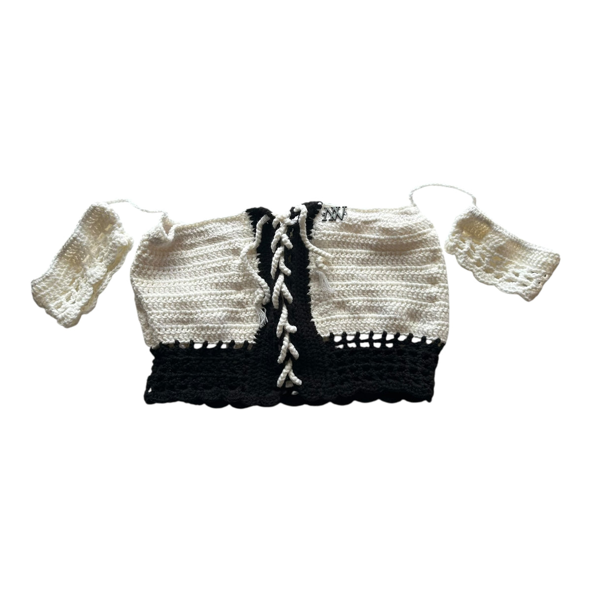 White with Black Off the Shoulder Crochet Crop Top by Nikita Naomi