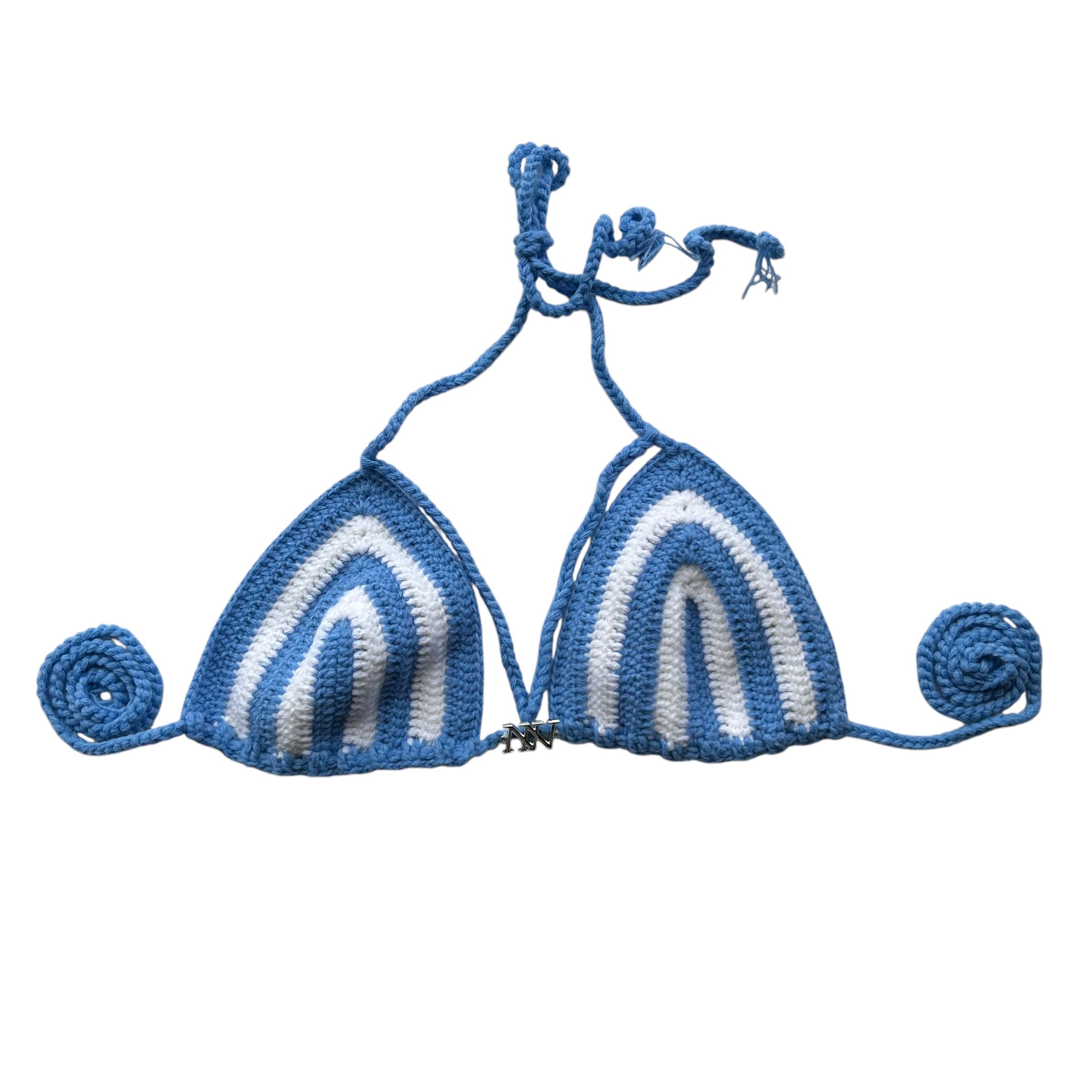 Blue and White Striped Handmade Crochet Bikini Top by Nikita Naomi