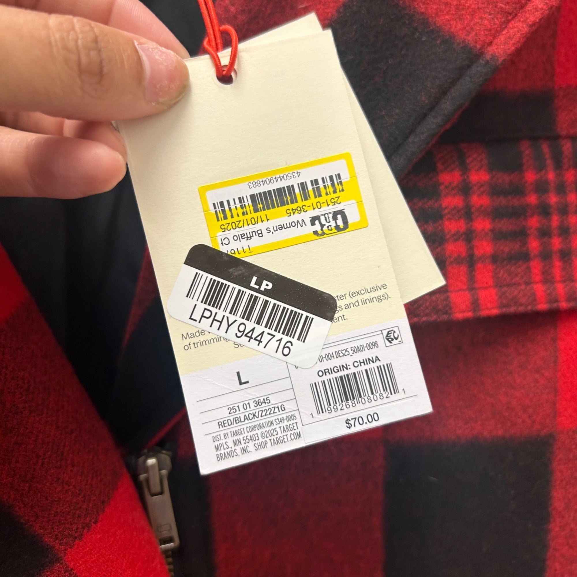 K-156 Woolrich x Target Buffalo Check Melton Jacket Red/Black Women's Size Large