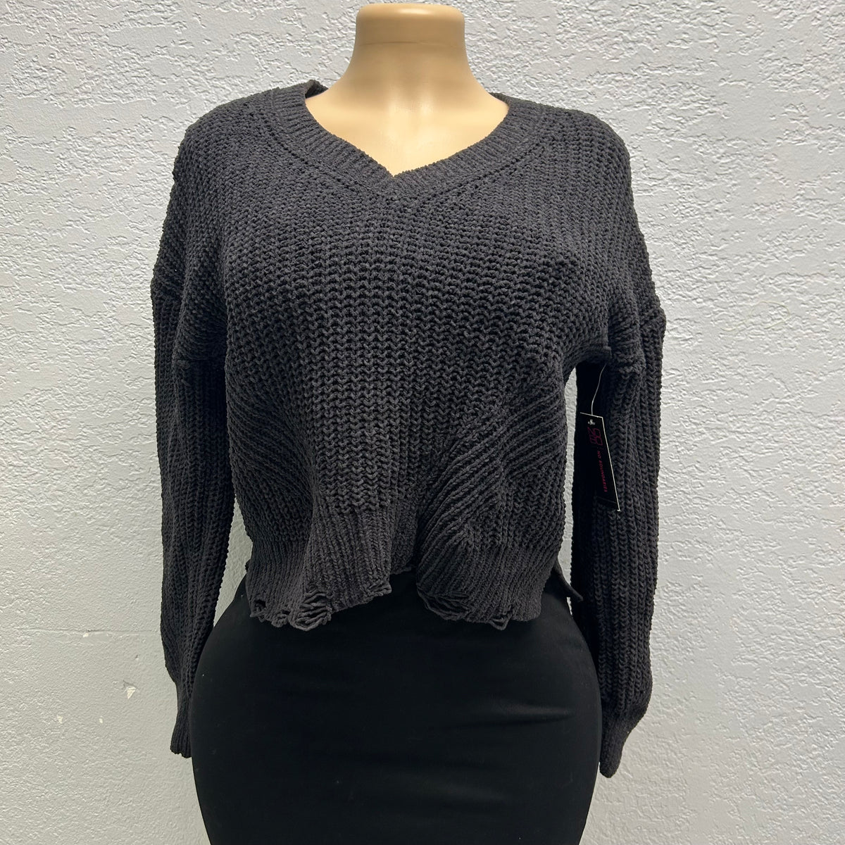 No Boundaries Small Destructed V-Neck Sweater, Black Soot
