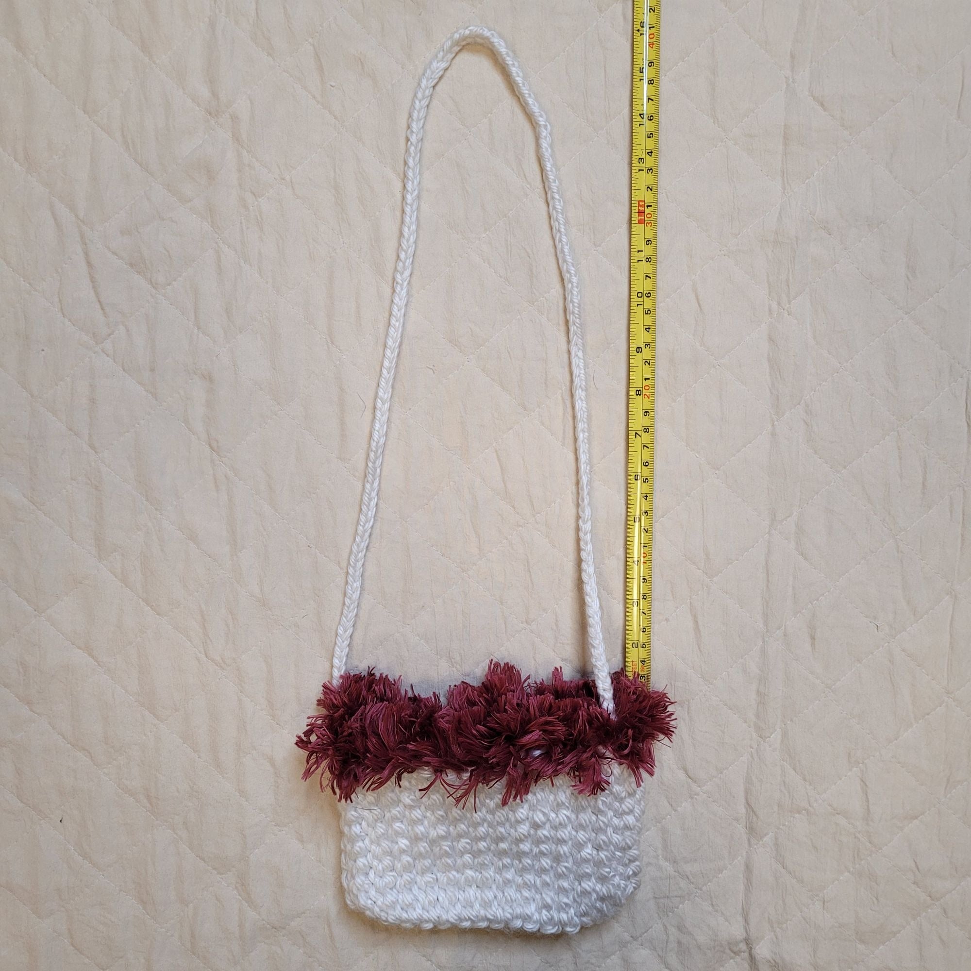Handmade White with a Fluffy Trim Crochet Mini Shoulder Bag by Nikita Naomi