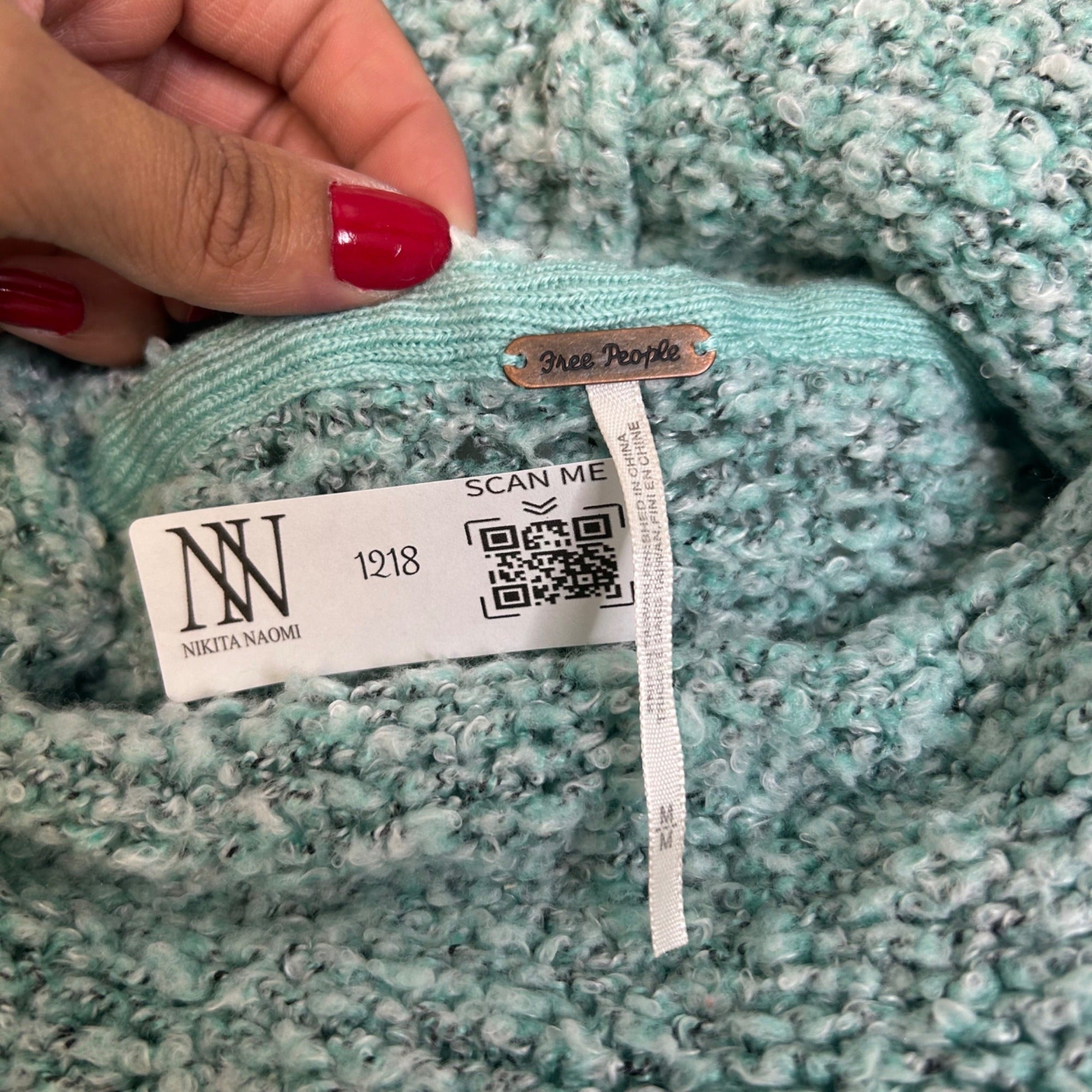 #1218 Free People Chunky Knit Cowl Neck Sweater In Aqua Blue Size M