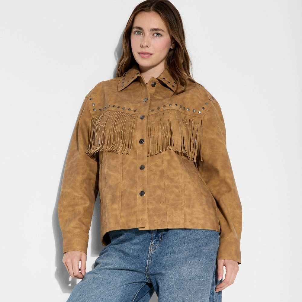 K-85 Wild Fable Women's Faux Suede Fringe Jacket Brown Size Small