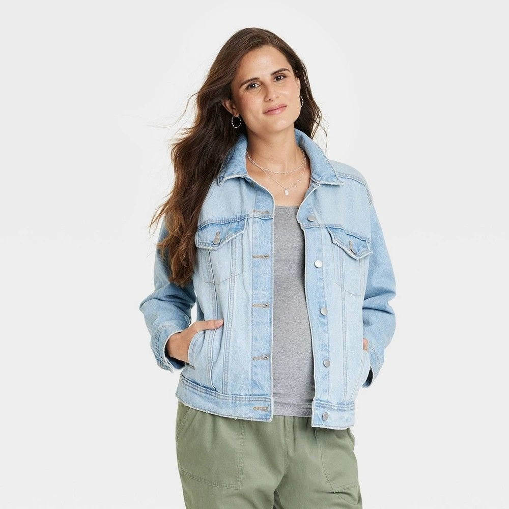 K-193 Isabel Maternity Denim Jacket Long Sleeve Medium Wash Women's Size XXL