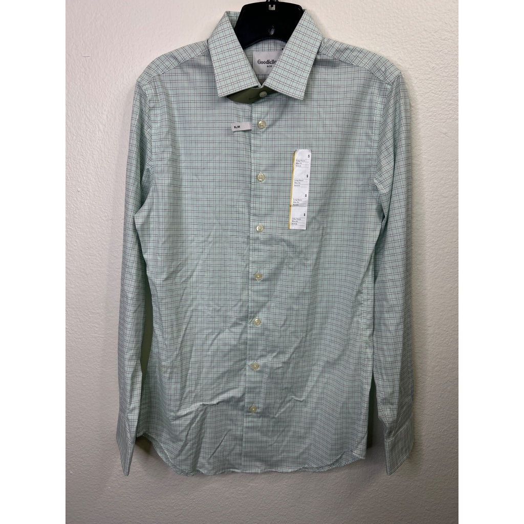 #1075 Goodfellow & Co Men's Slim Fit Long Sleeve Stretch Shirt S Mint Green Plaid
