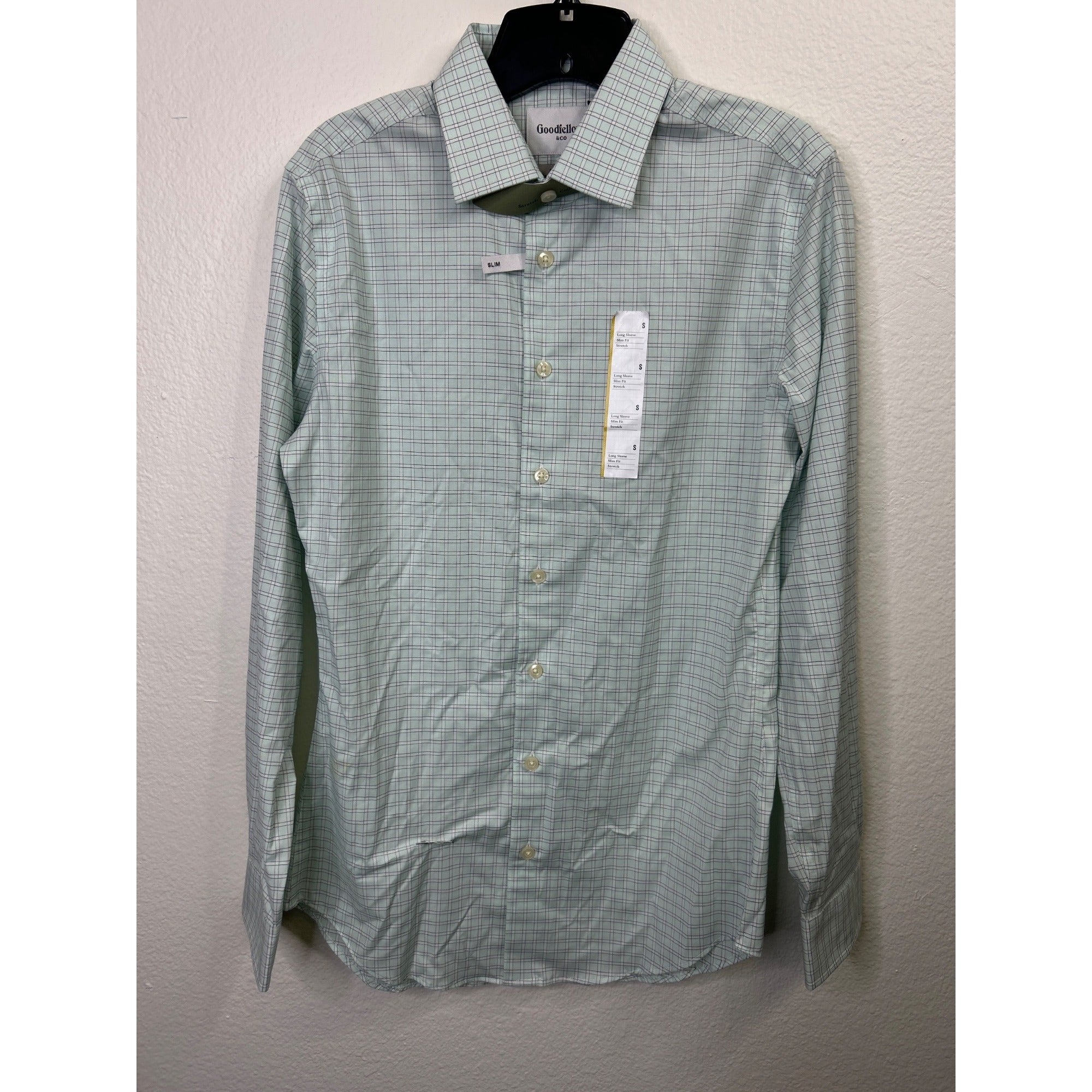 #1075 Goodfellow & Co Men's Slim Fit Long Sleeve Stretch Shirt S Mint Green Plaid