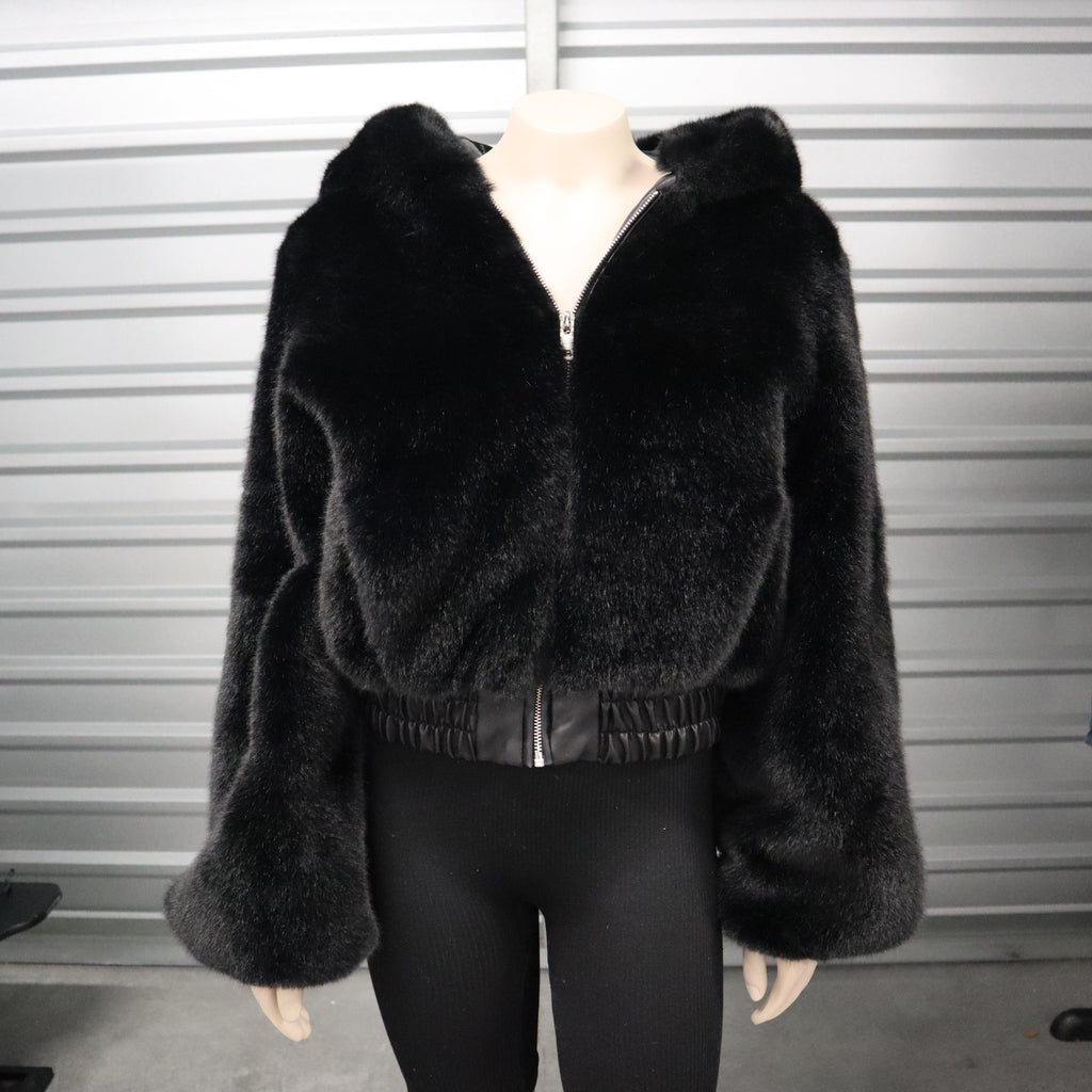 I.AM.GIA Black Faux Fur Hooded Jacket Small Size