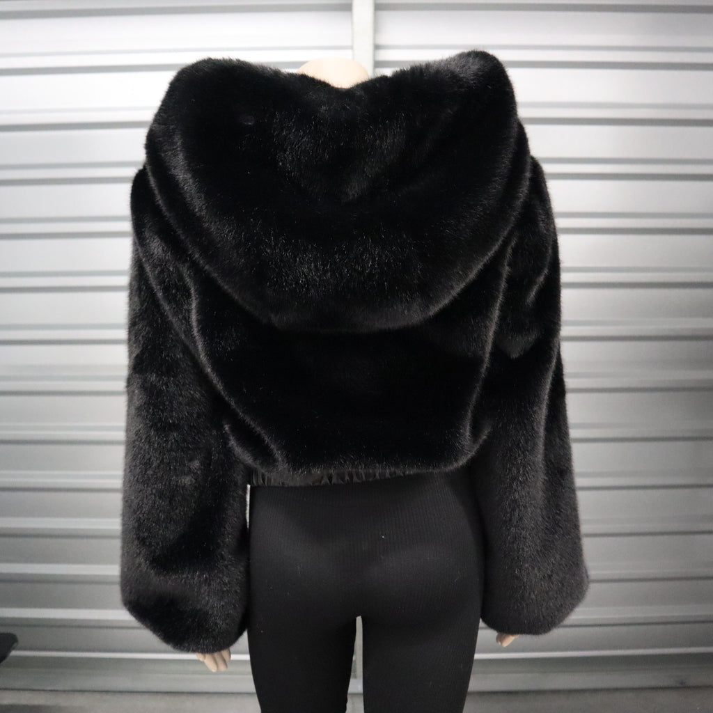 I.AM.GIA Black Faux Fur Hooded Jacket Small Size