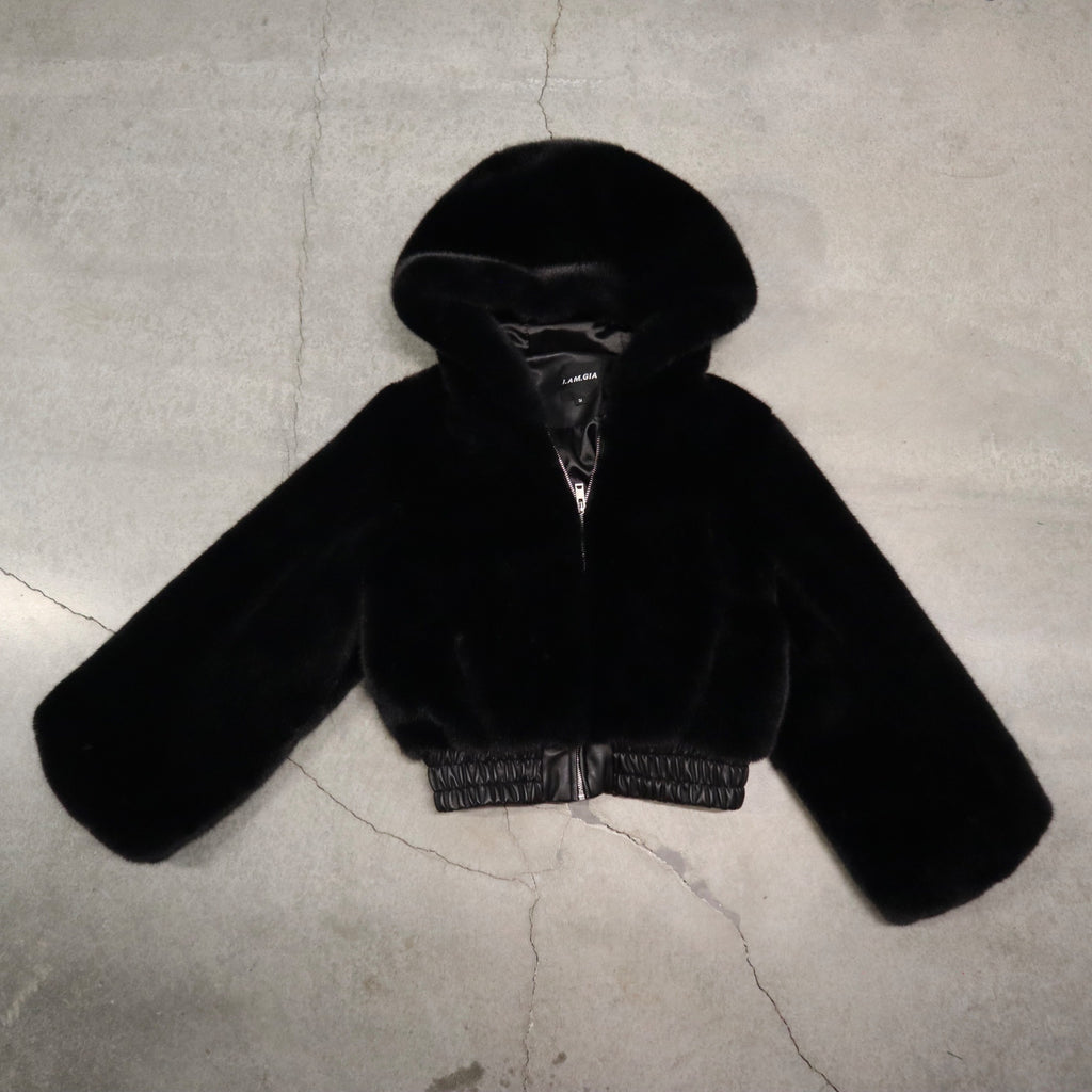 I.AM.GIA Black Faux Fur Hooded Jacket Small Size