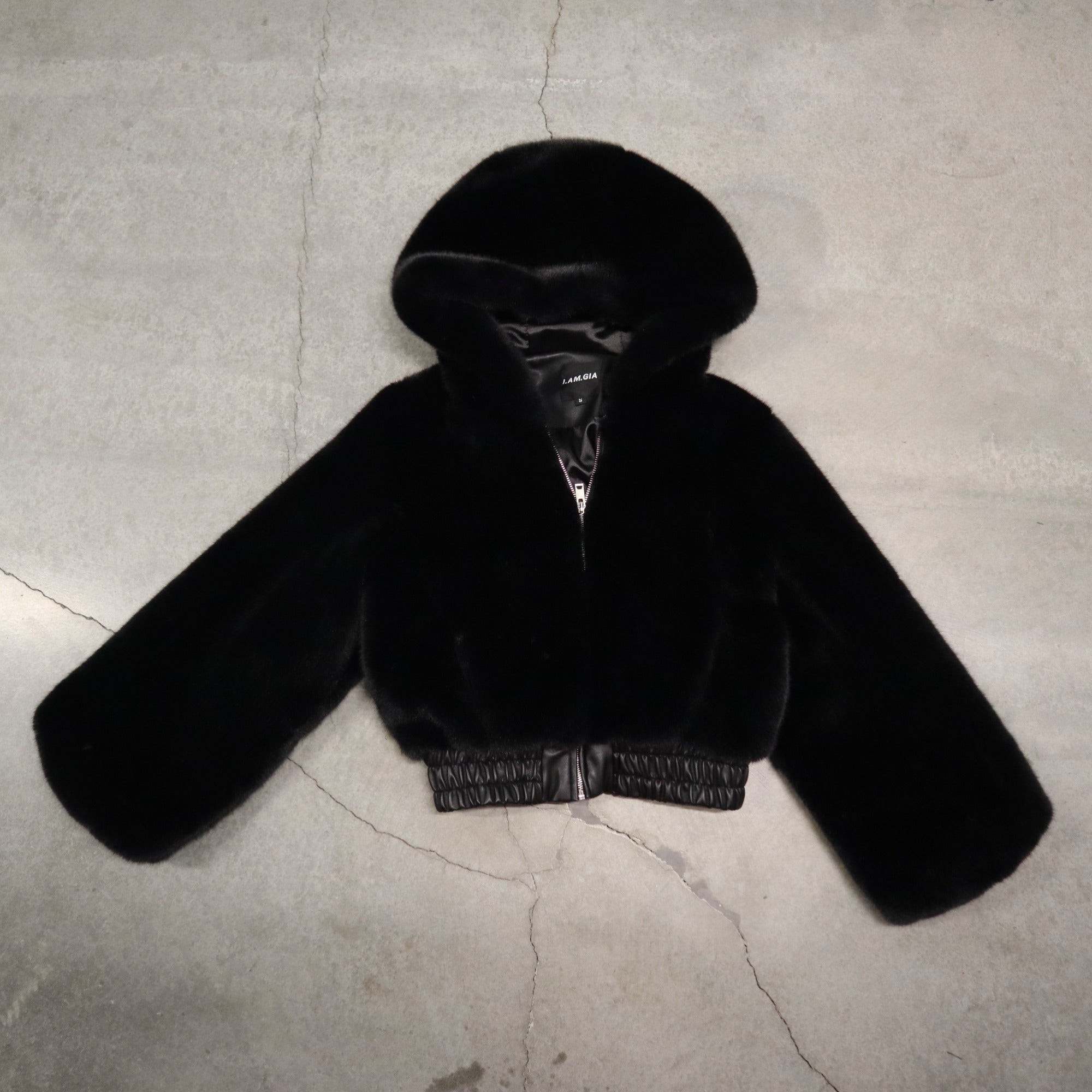 I.AM.GIA Black Faux Fur Hooded Jacket Small Size