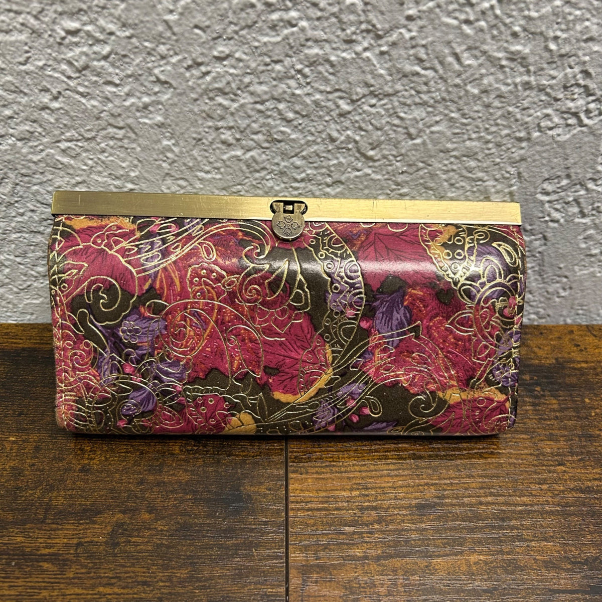 Patricia Nash Leather Wallet With Floral Print & Gold Accents Snap Closure