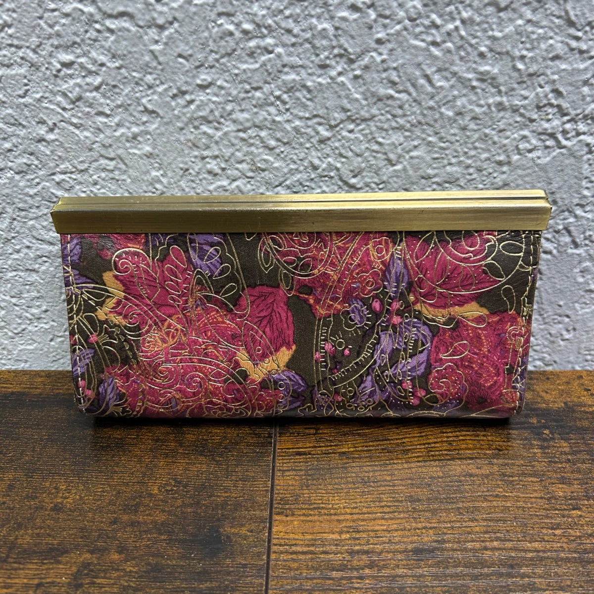 Patricia Nash Leather Wallet With Floral Print & Gold Accents Snap Closure