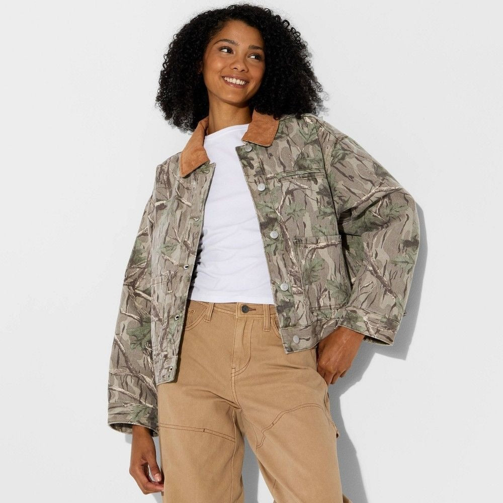 K-248 Wild Fable Women's XS Padded Denim Barn Jacket- Khaki Leaf