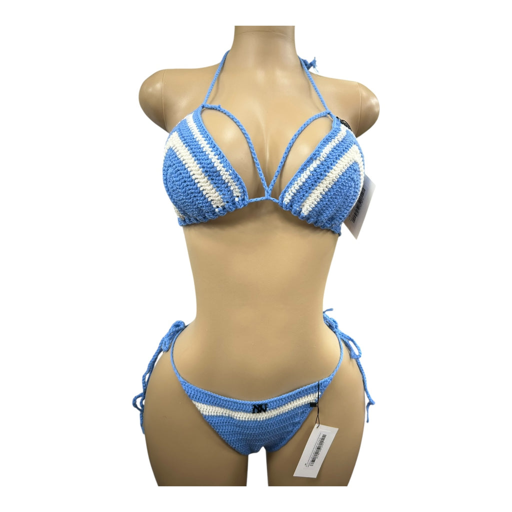 Blue and White Striped Handmade Crochet Bikini Top by Nikita Naomi