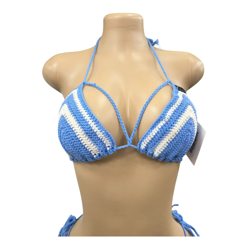 Blue and White Striped Handmade Crochet Bikini Top by Nikita Naomi