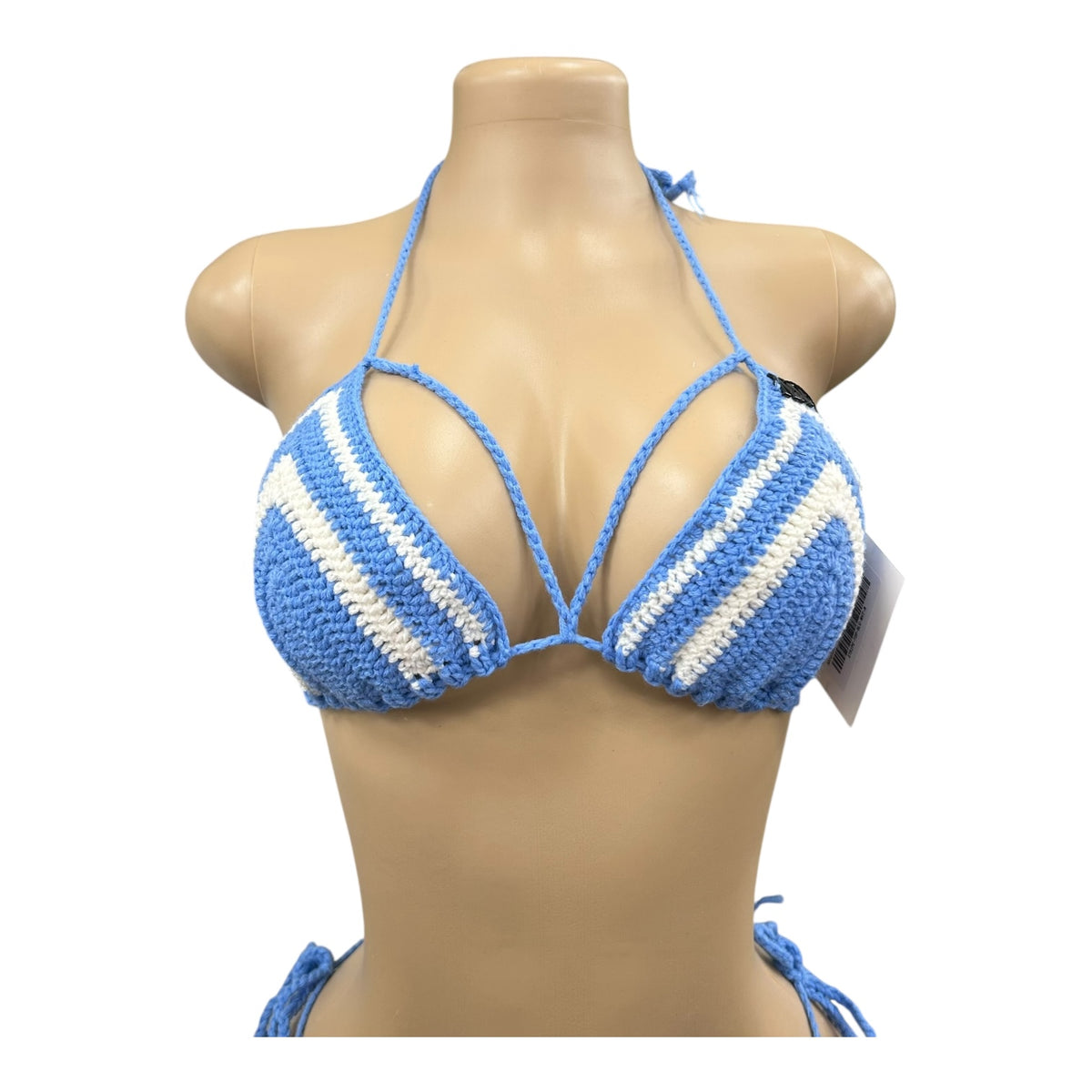 Blue and White Striped Handmade Crochet Bikini Top by Nikita Naomi