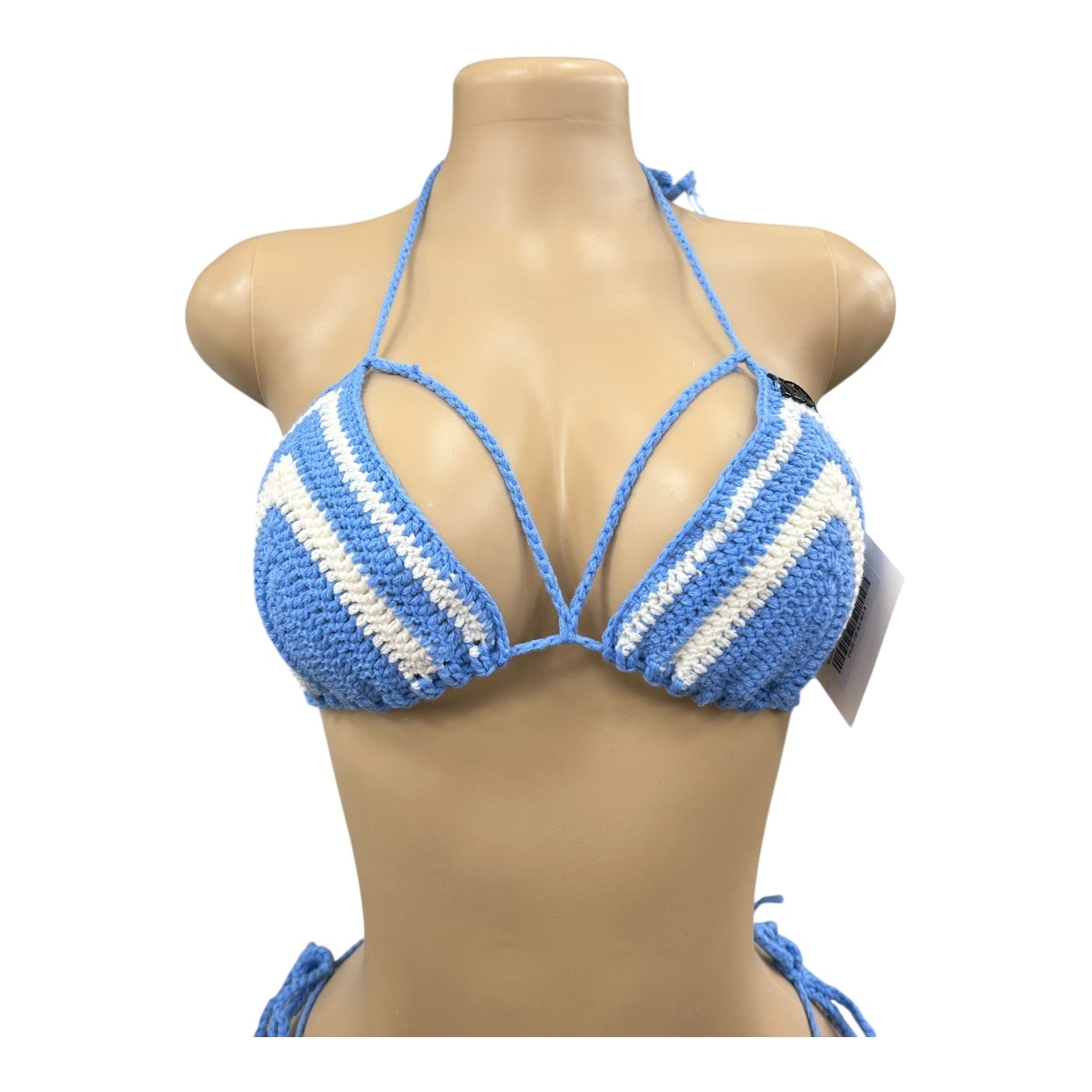 Blue and White Striped Handmade Crochet Bikini Top by Nikita Naomi