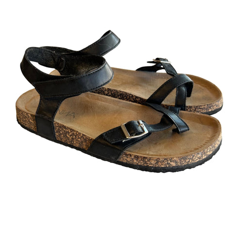 Anna Womens Black Leather Cork Footbed Sandals With Adjustable Straps Size 6