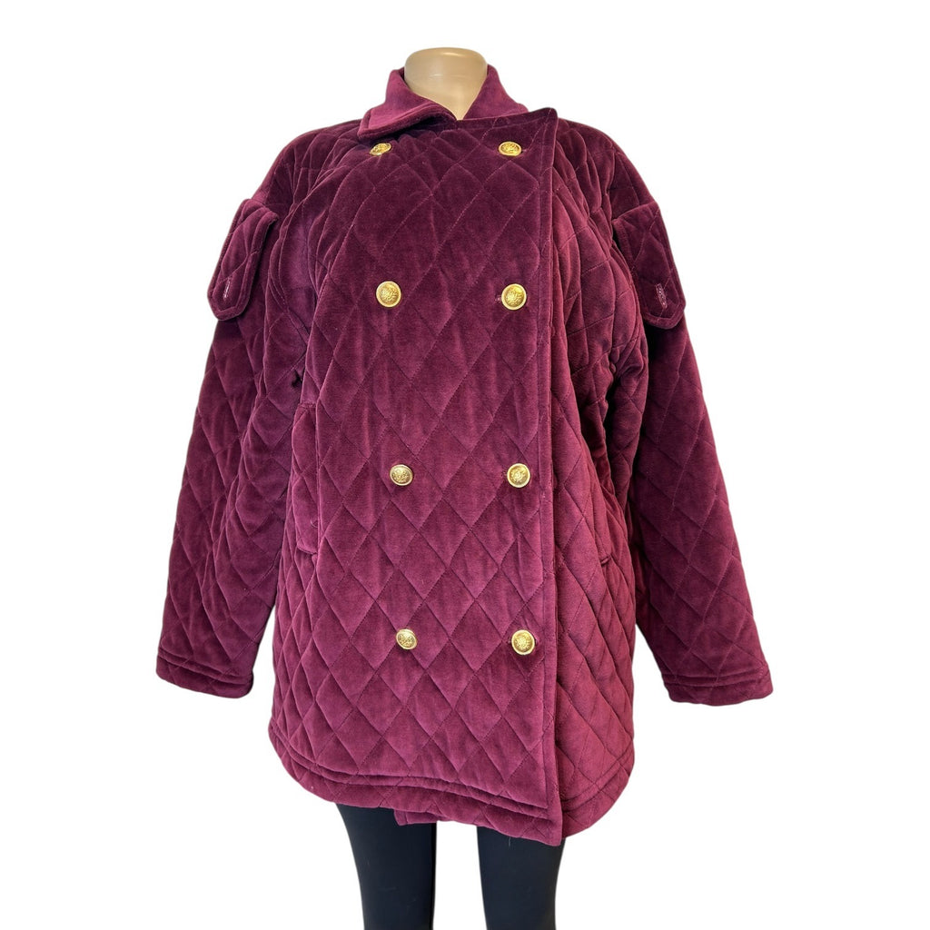 Jones New York Women's Large Quilted Velvet Burgundy Coat With Gold Buttons