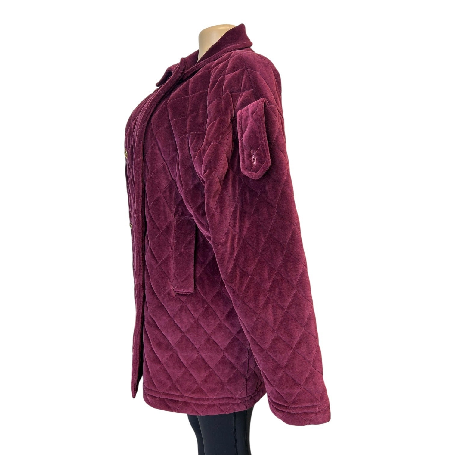 Jones New York Women's Large Quilted Velvet Burgundy Coat With Gold Buttons