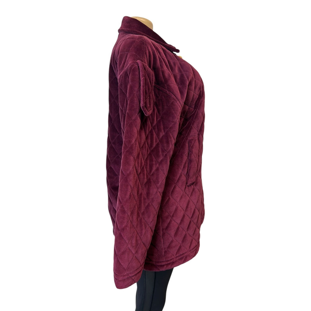 Jones New York Women's Large Quilted Velvet Burgundy Coat With Gold Buttons