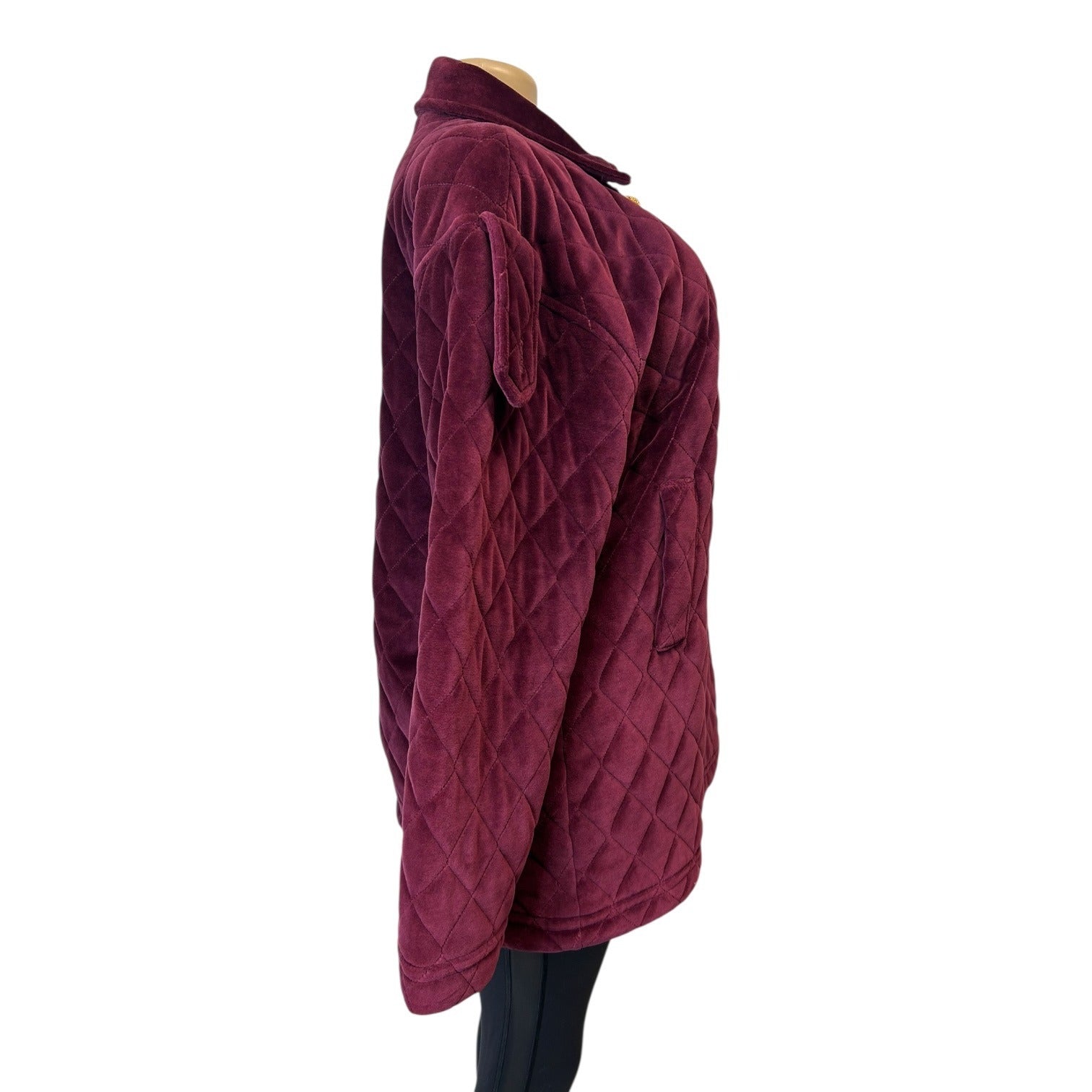 Jones New York Women's Large Quilted Velvet Burgundy Coat With Gold Buttons