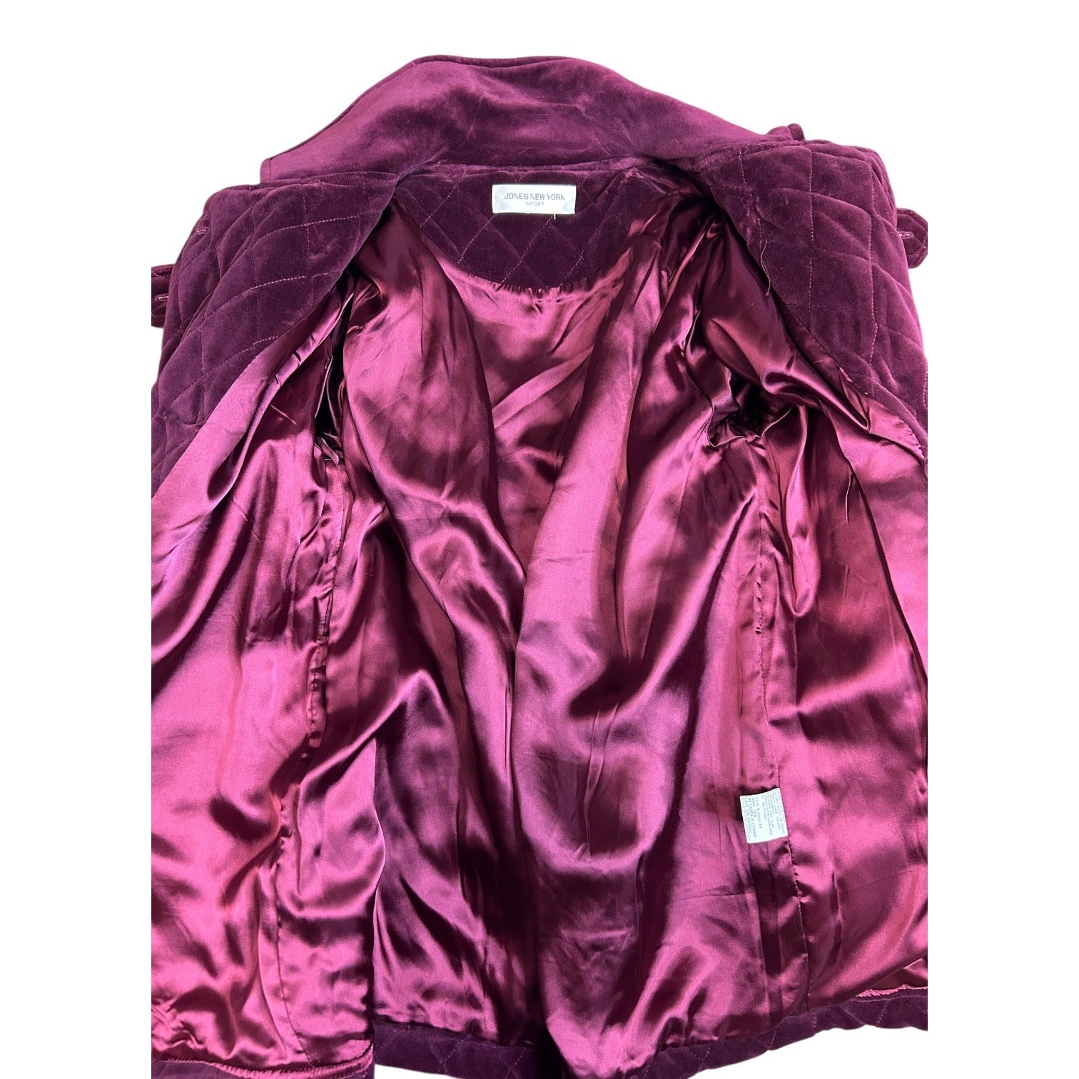 Jones New York Women's Large Quilted Velvet Burgundy Coat With Gold Buttons