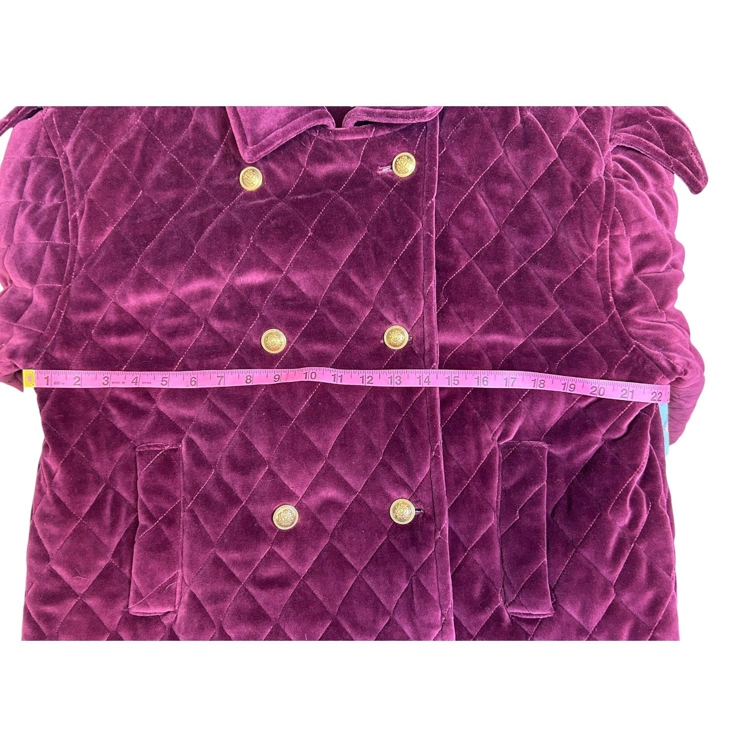 Jones New York Women's Large Quilted Velvet Burgundy Coat With Gold Buttons