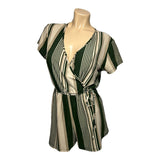 J for Justify Green and Beige Striped Short Sleeves V-Neck Romper Women's Large