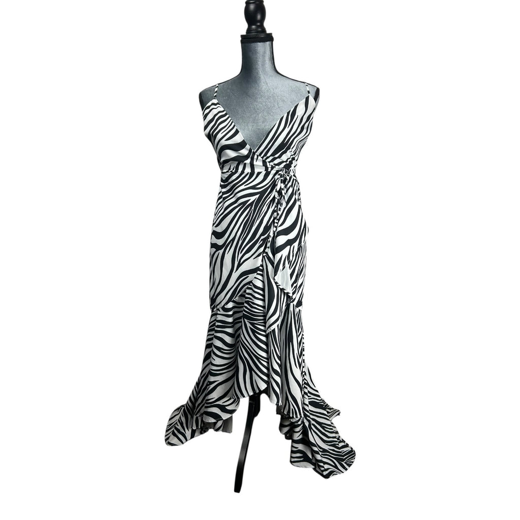 Fashion Nova Zebra Print Maxi Dress Wrap Style Adjustable Straps Flowy Hem Size XS